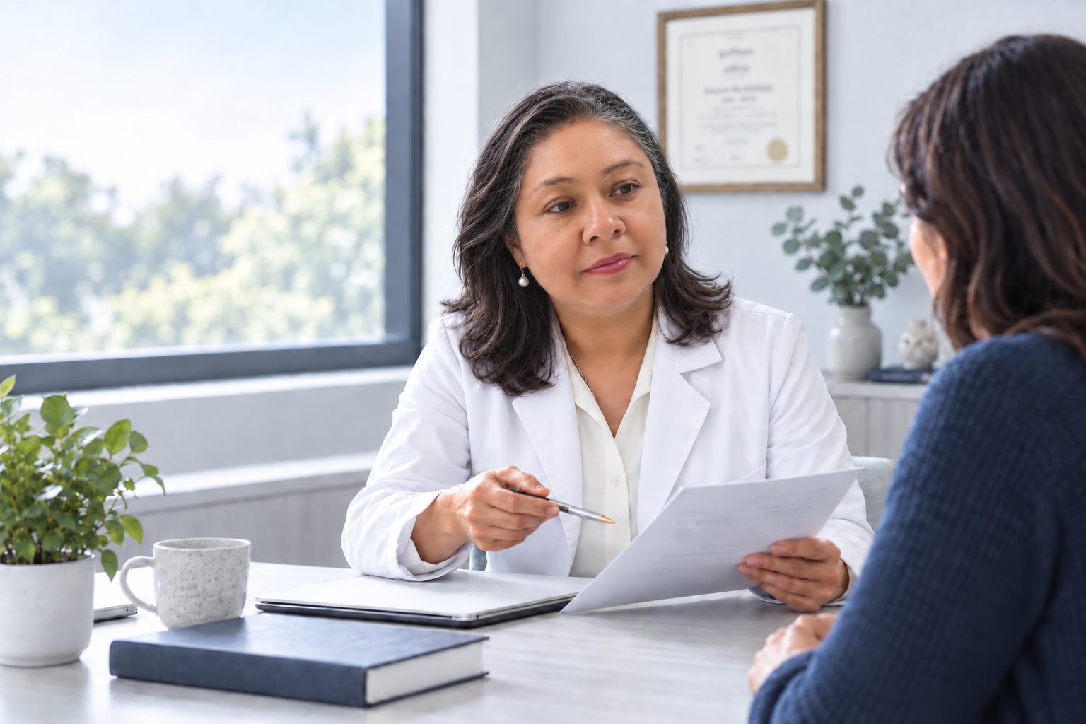 Consulta de medicina interna: la doctora explica a una paciente los resultados de un estudio.